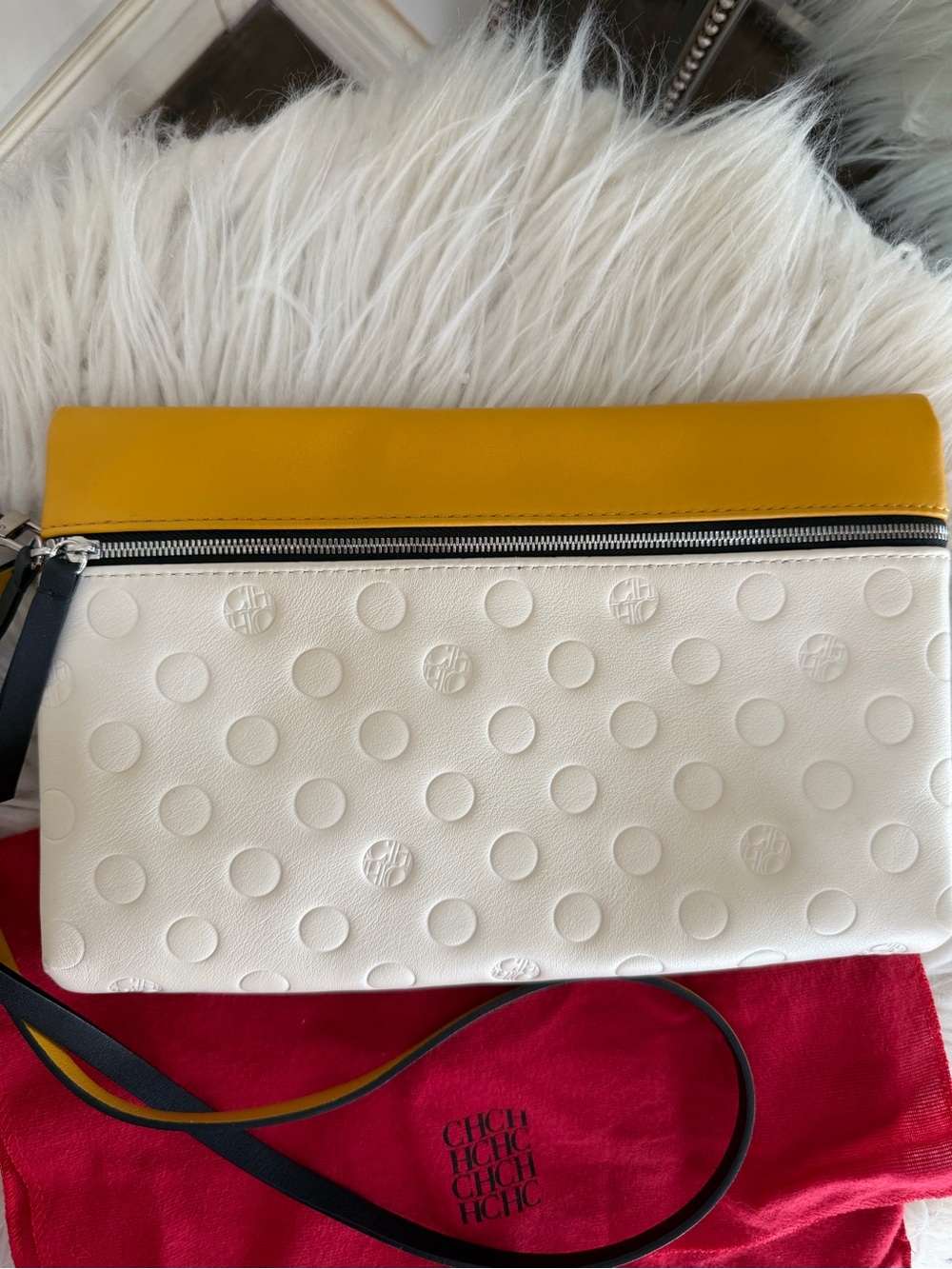 Carolina Herrera White Pebbled Leather Clutch with Yellow Trim